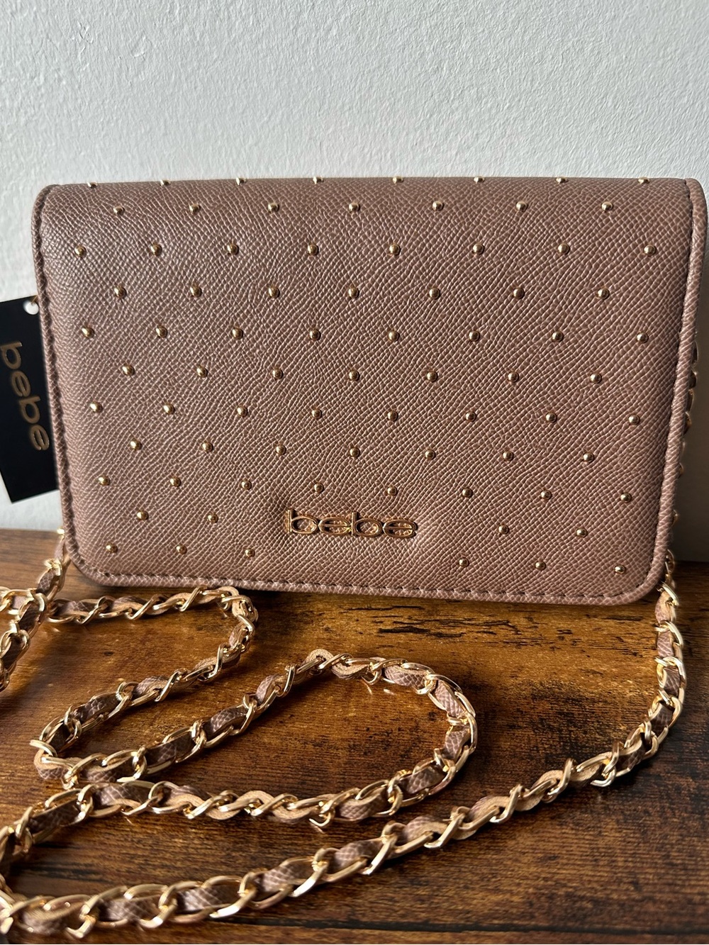 bebe Taupe Brown Crossbody with Gold Studs & Chain Inner Zipper & Card Slots NWT